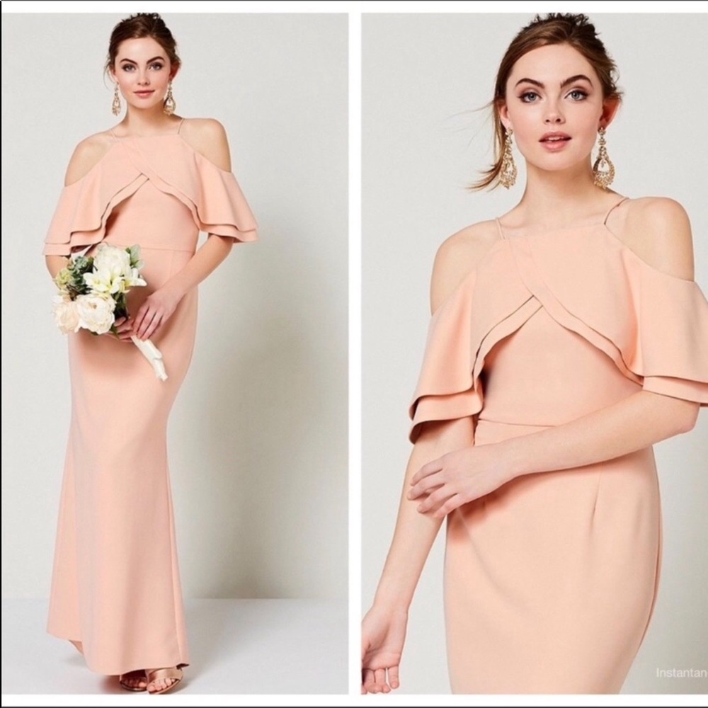 🆕 ELIZA J blush pink off the shoulder ruffle gown